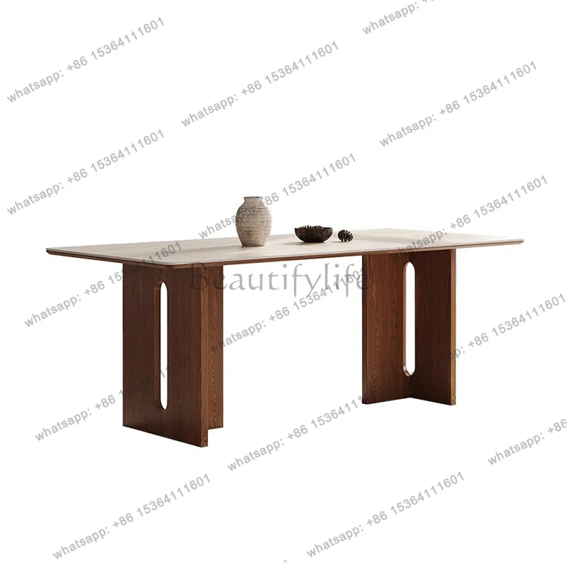 Wabi Sabi antique solid wood dining table and chairs walnut-colored rectangular small apartment household rock slab dining table