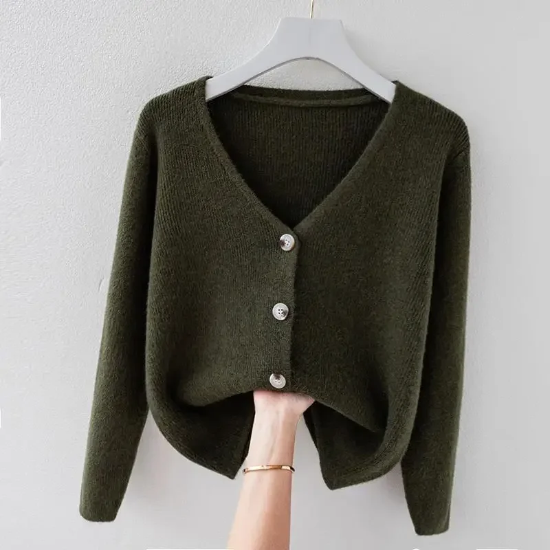 Cardigan V-neck Short Green Ladies Sweaters Crop Winter Knitted Top for Women Button White Crochet Jumper Trend 2024 Long Sleeve