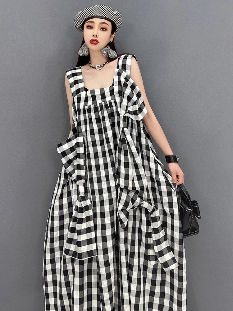 XITAO Plaid Dress Backless Sleeveless Patchwork Bow Small Fresh Casual Style 2022 Summer Minority Elegant Loose Dress WLD7014