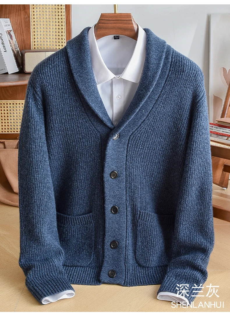 Cashmere Sweater Men's Cardigan V-Neck Loose Jacket Winter Middle-Aged Sweater Dad Outfit