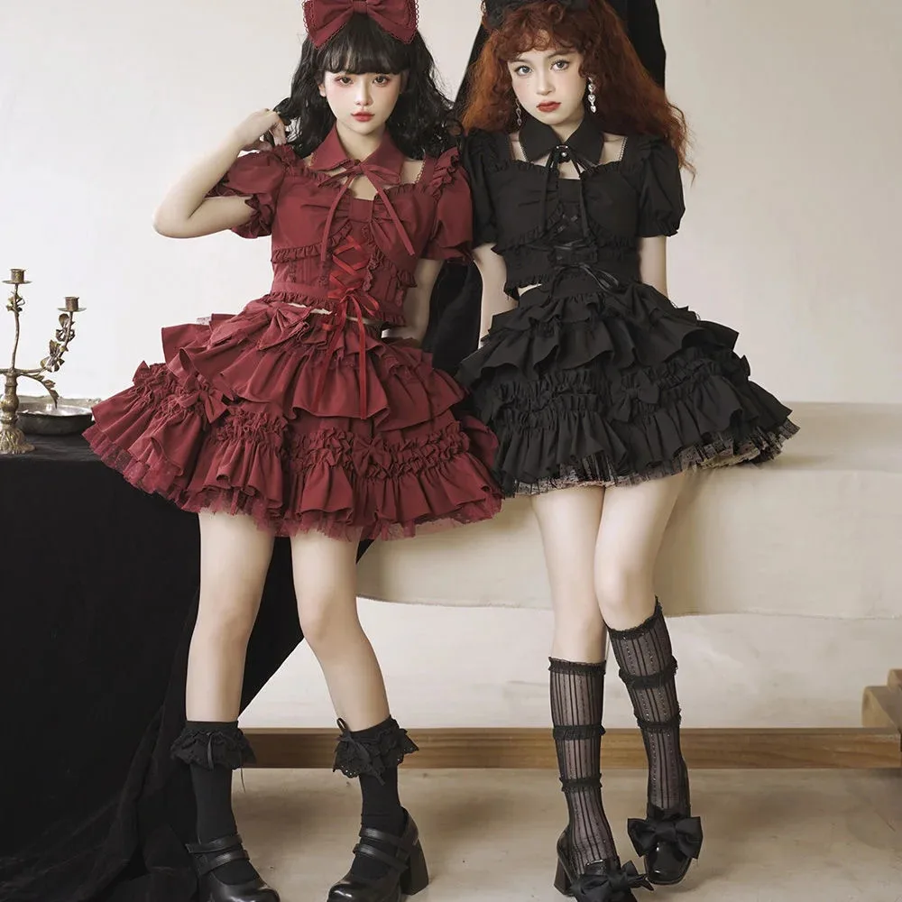 New Split Style Lolita Spicy Girls Short Sleeve Top Sk Half Skirt Set Red Black Dresses Kawaii Party Dress