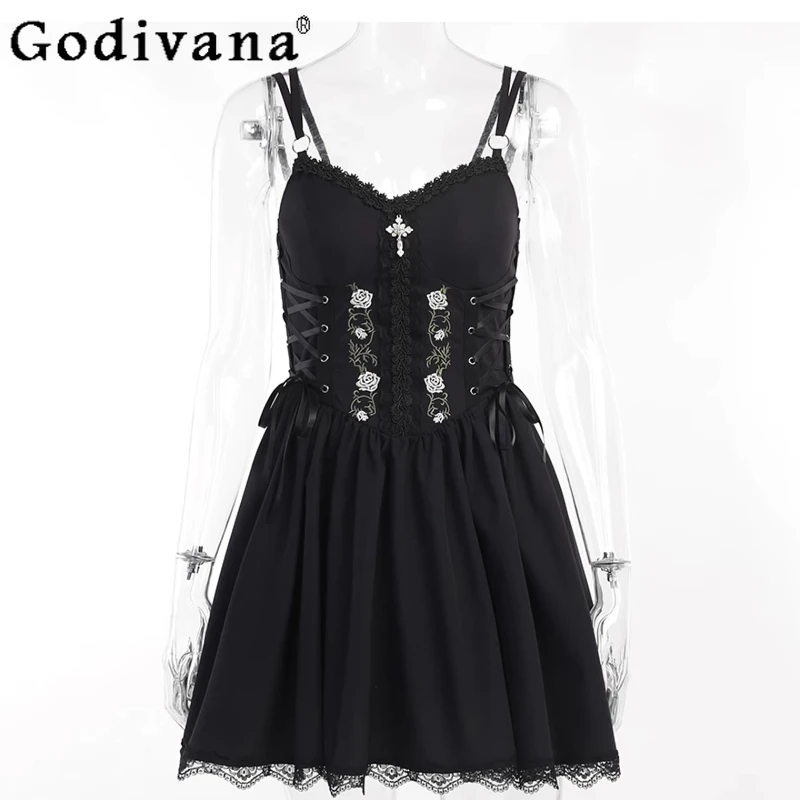 

Gothic Lolita Waist Cincher Dress Women's Subculture Black Maid Lolita Short Dress Female High Waist A Line Cosplay Dress