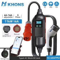 Khons Typ2 22KW 32A 3Phase Tragbares EV-Ladegerät Wi-Fi APP EVSE Ladekabel 5m CEE-Stecker Ladestation für Elektroauto