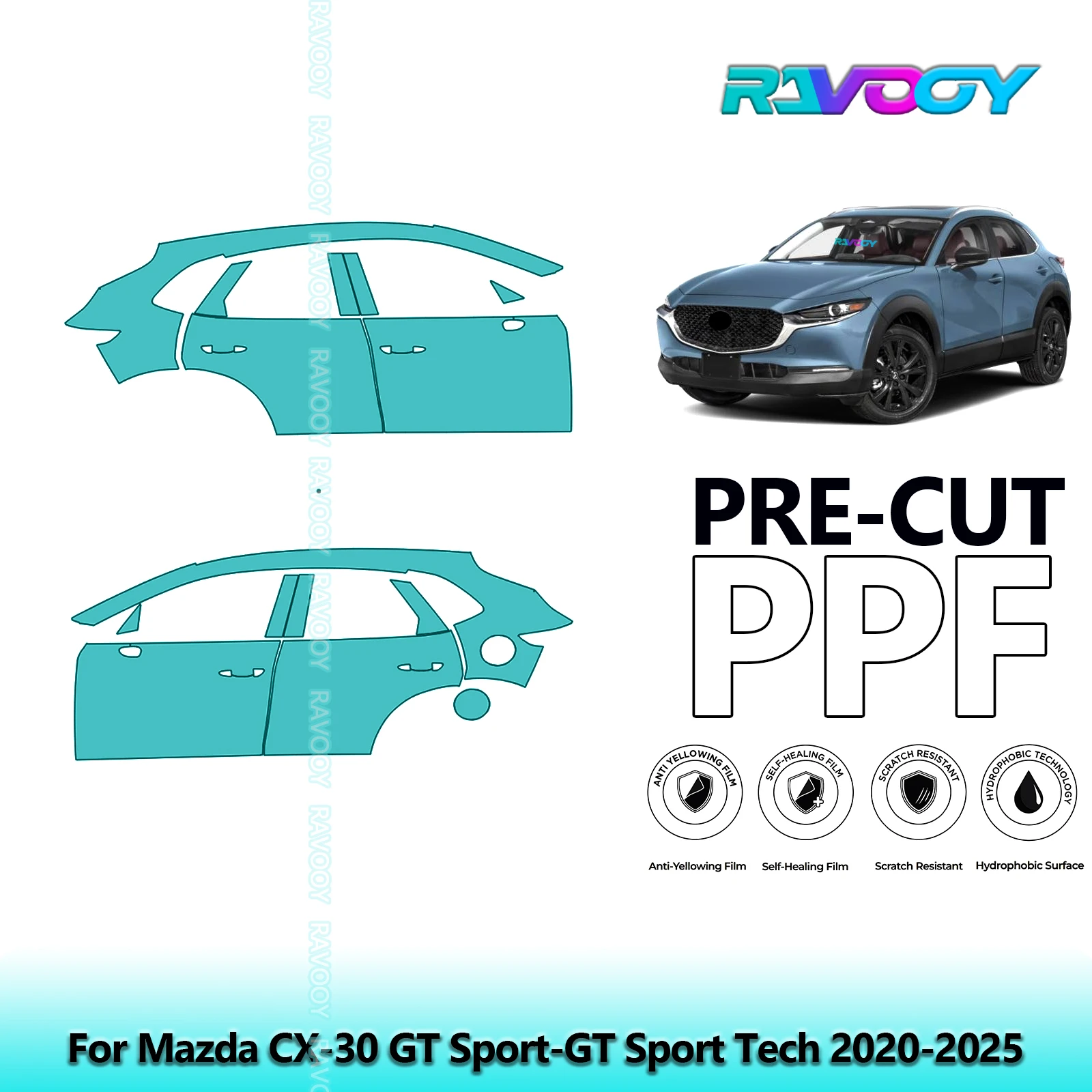 

For Mazda CX-30 GT Sport-GT Sport Tech 2020-2025 8.5mil Pre-Cut PPF Door & A/B Pillar Kit TPU Paint Protection Film Set
