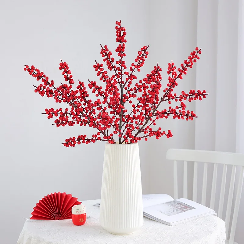 3pcs Simulation Red Berry Fruit Artificial Flowers Lucky Holly Fruit Festival Party Diaplay Arrangement Decoration Flores Branch