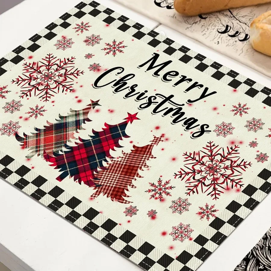 4pcs Christmas Placemats Festive Snowflake Tree Design, Red Checkered Table Mats for Indoor Home, Kitchen, Party Center