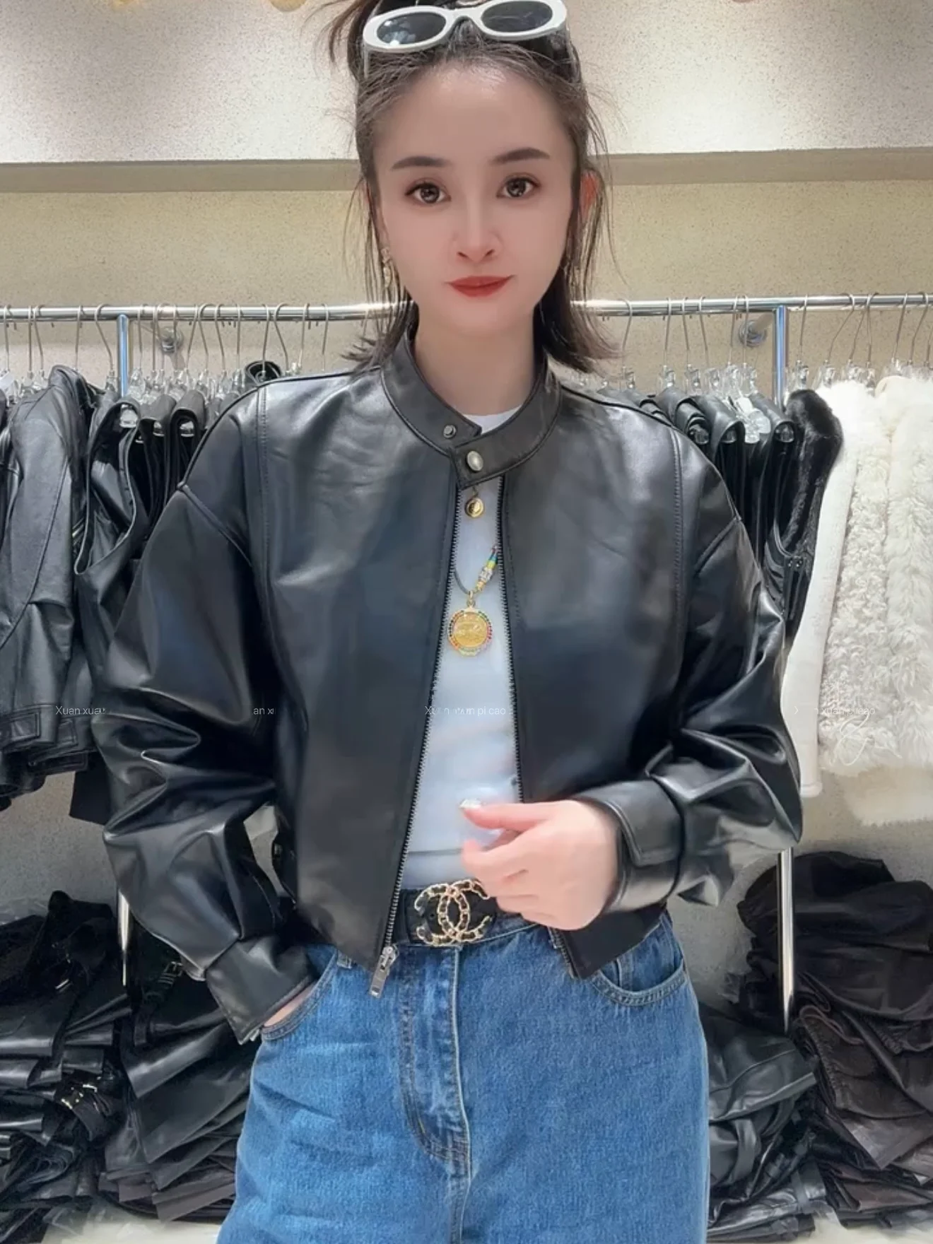 

Ning 2025 New Sle Women's Leather Jaet Coat Genuine eepskin Long Sve Zipper Closure Luxury Feel Small Size Fri...