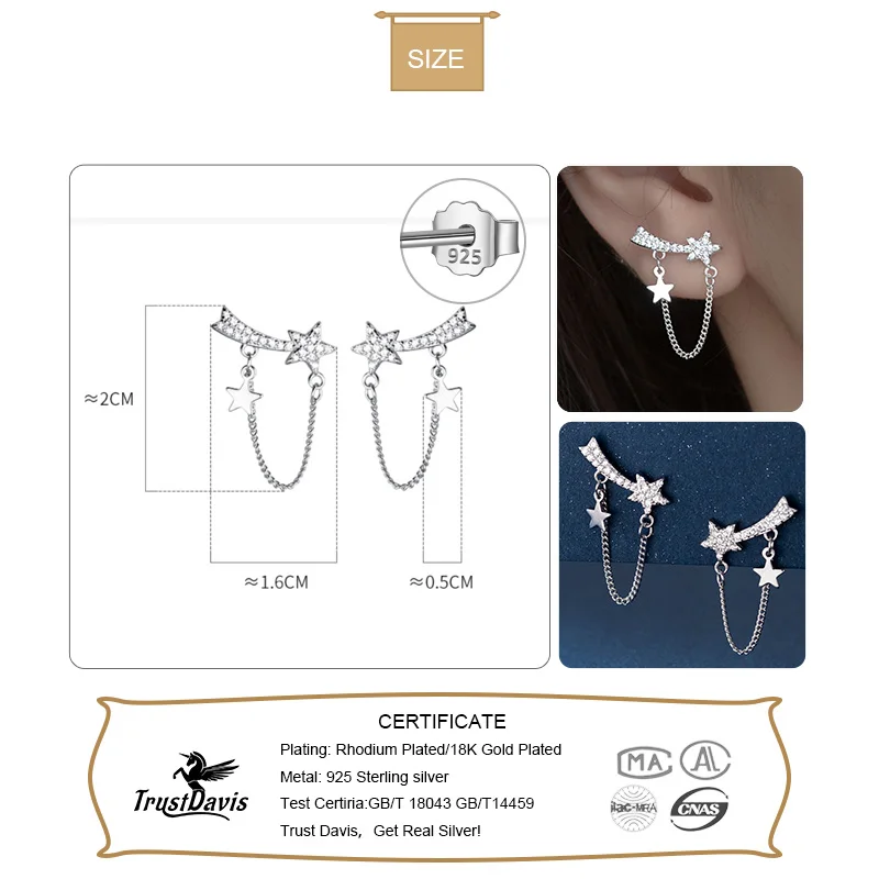 TrustDavis Real 925 Sterling Silver Earring Chain Star Shiny CZ Stud Earring For Women Wedding Mother's Day Fine Jewelry DA3112 image 2