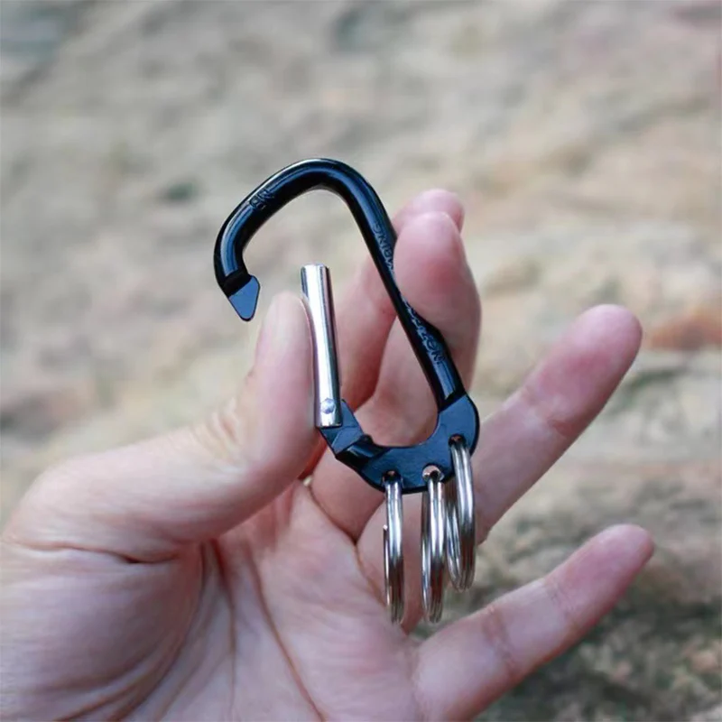 1Pc Carabiner Keychain D Shape Aluminum Alloy Multifunction Hook with 3 Key Rings Outdoor Key Chain Clip