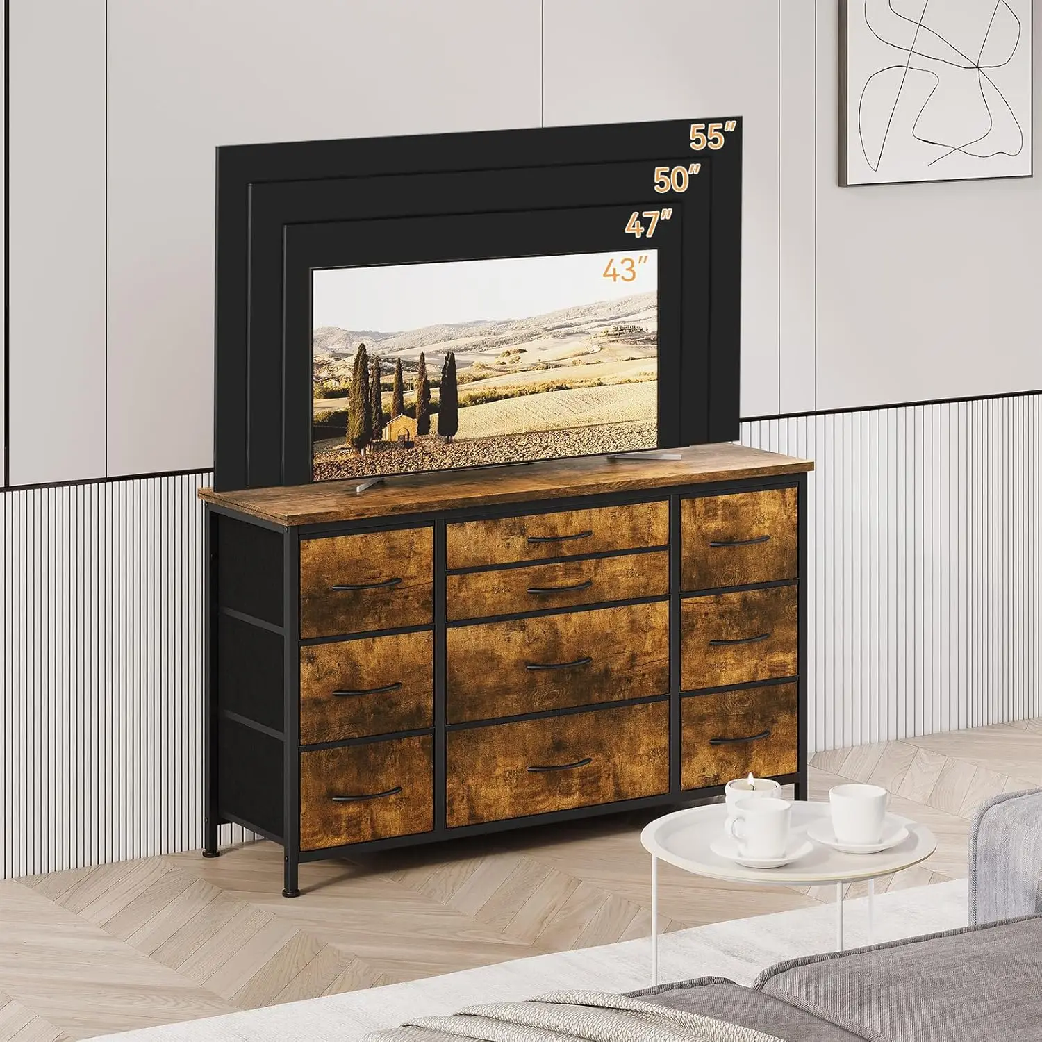 TV-Ständer Kommode für Schlafzimmer mit Ladestation 10 Stoffschubladen Rustikaler TV-Ständer Medienkonsole für Fernseher bis zu 55 Zoll – Detail 6