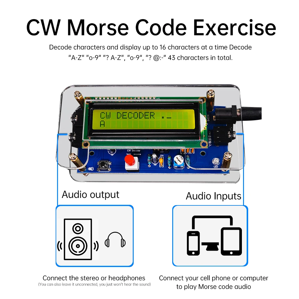 Imagem -03 - Rádio Presunto Módulo Essencial com Display Lcd cw Decodificador Leitor de Código Morse Translator Board Welding Practice Kits Acessório dc 9v