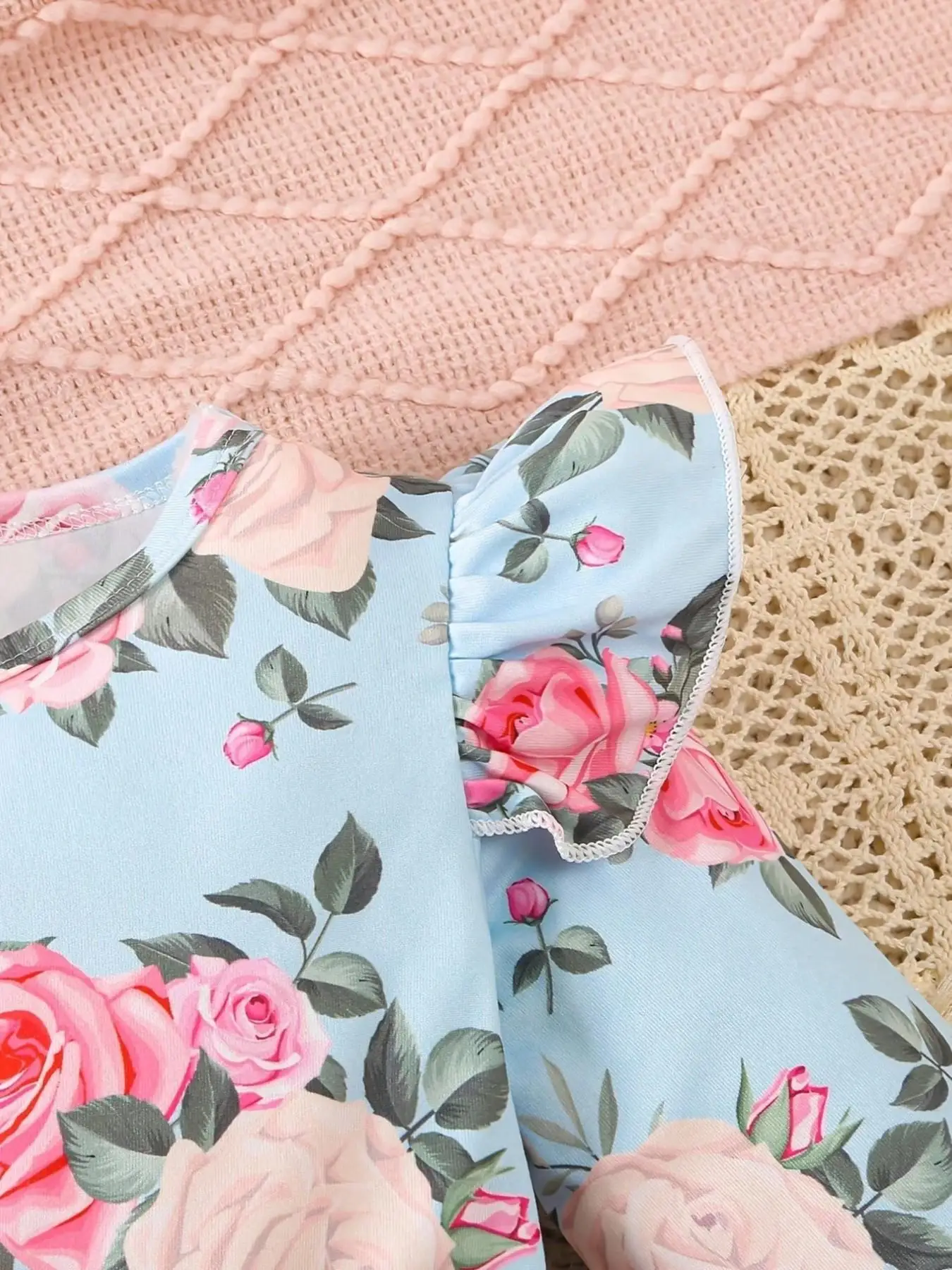 Kinder Vintage Blumen-Tutu-Kleid Langarm Hellblaues Oberteil Tüllrock Große Schleife an der Taille Bequeme Passform Alltagskleidung – Detail 6