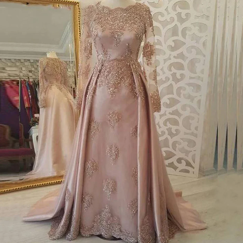Pink Applique Evening Dresses Scoop Neck Long Sleevs Wedding Party Prom Gown A-line Zipper robes de soirée فساتين الس