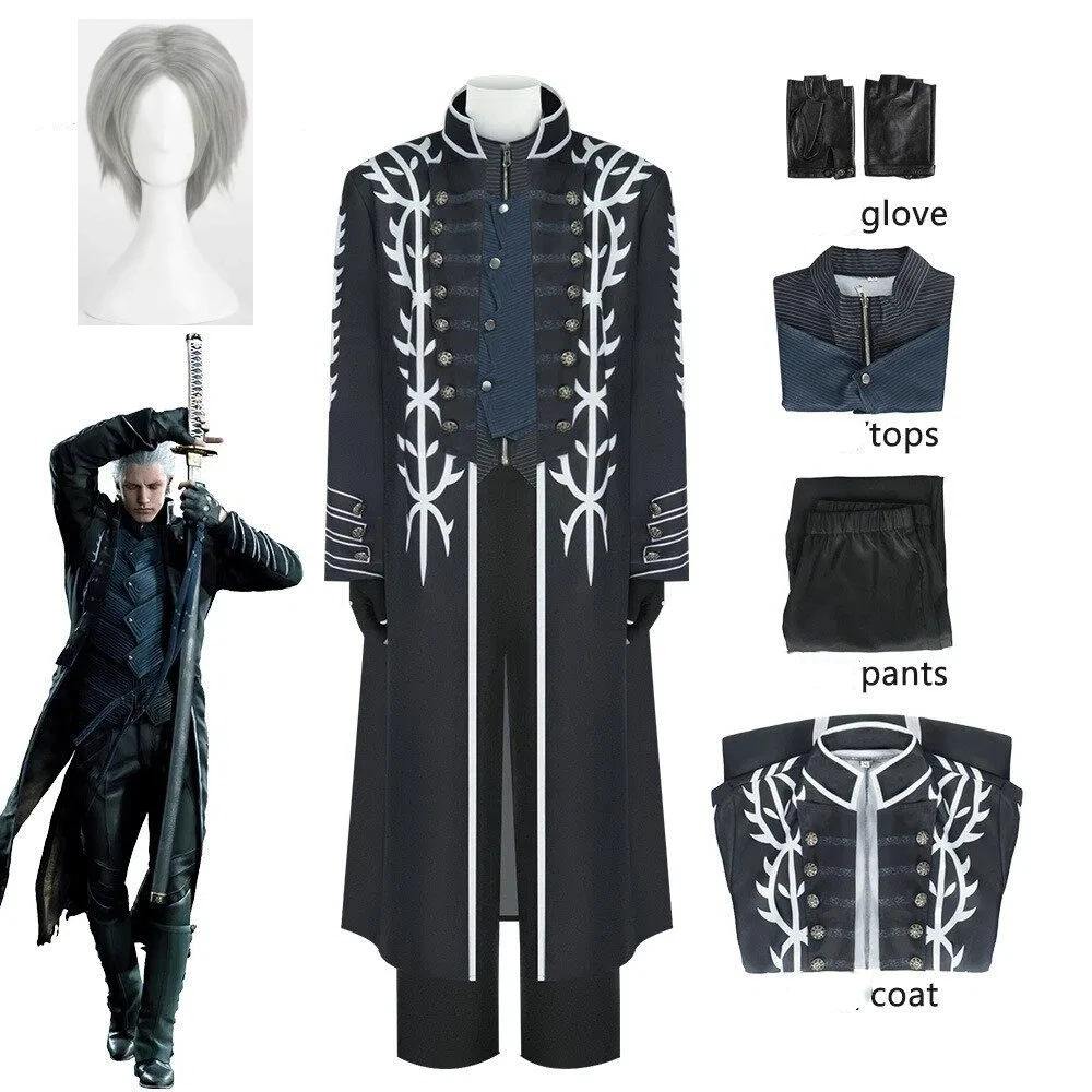 

Devil May Cry 5 Vergil Cosplay Costume Horror Movie Game Same Style Long Trench Coat Full Set Outfit DMC5 Vergil Full Suit Coat