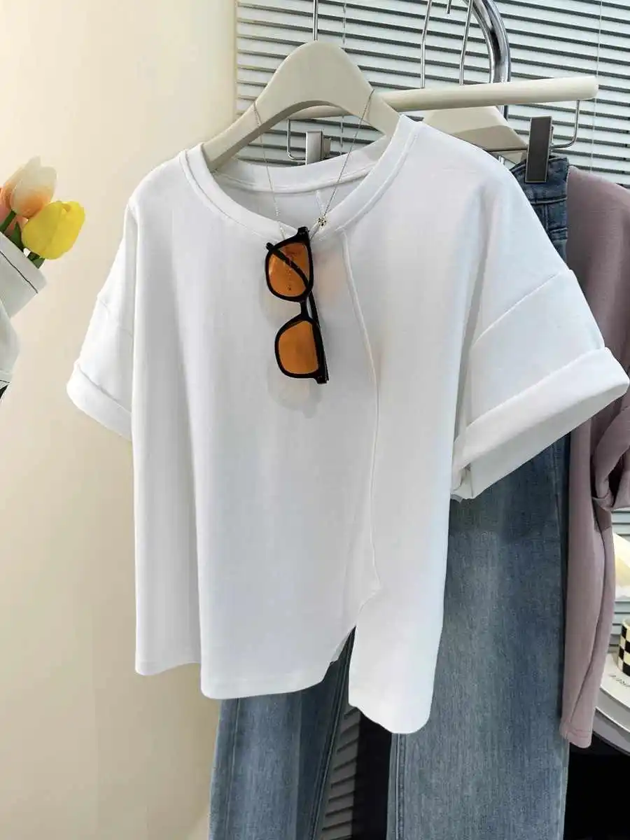 Retro Loose Cotton T-shirt Summer Women's Versatile Split Short Sleeve Top Korean Casual O-neck Oversiezd Tees 2025 New