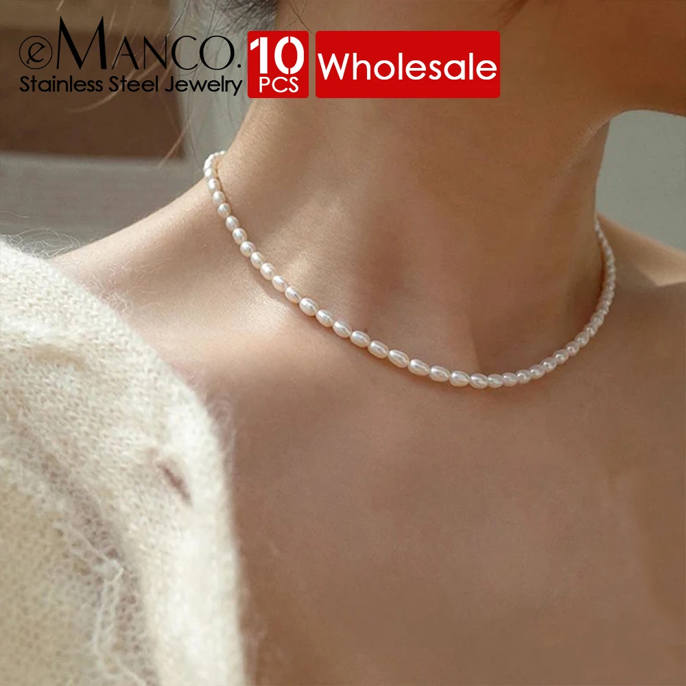 eManco 10PCS 3MM Oval White Imitation Pearl Necklace  Stainless Steel  Women's Collarbone Chain  Fashionable Jewelry Wholesale