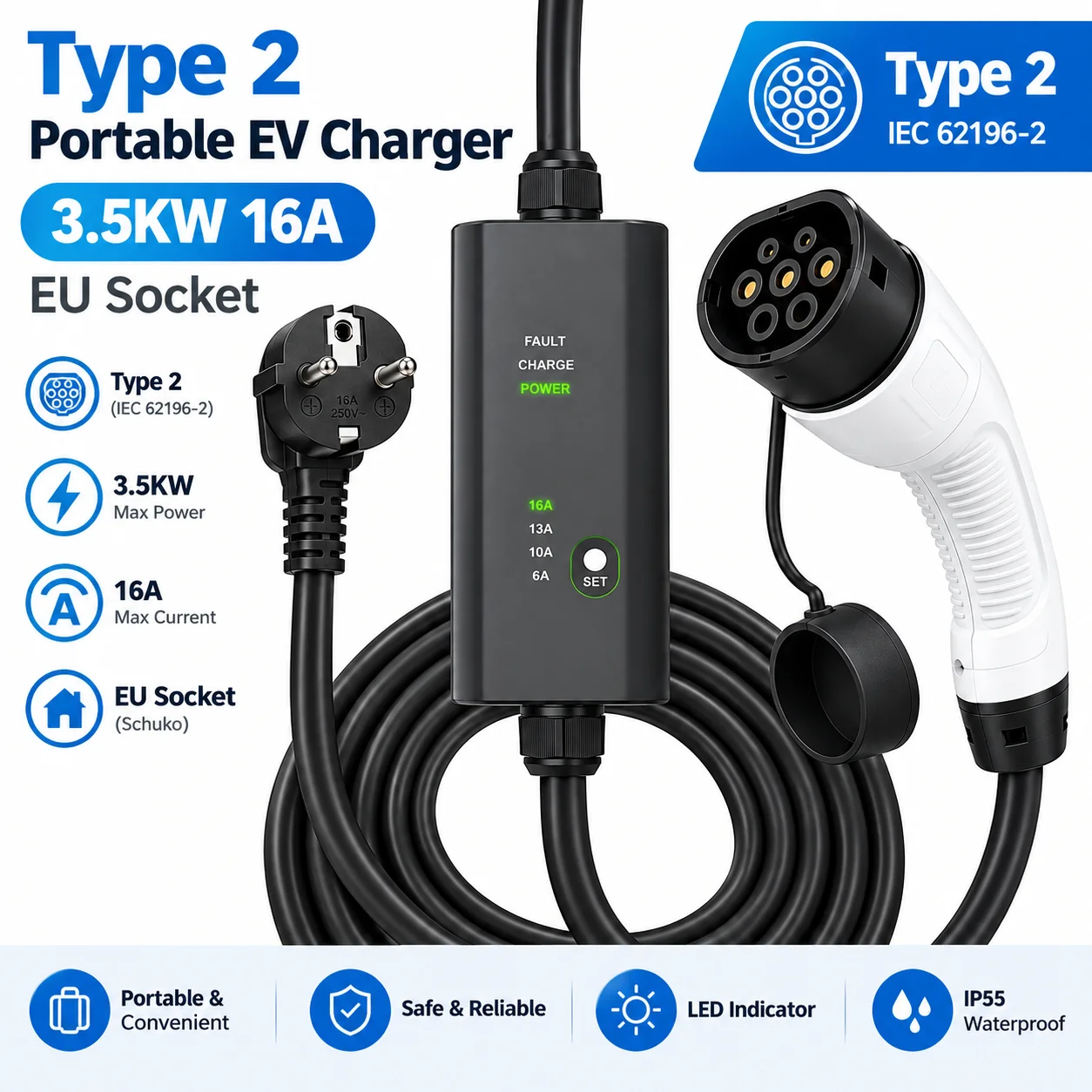 EVMBO Type 2 Portable EV Charger 3.5KW 16A Adjustable Current EU Schuko Plug IEC 62196-2 Electric Car Charging Cable