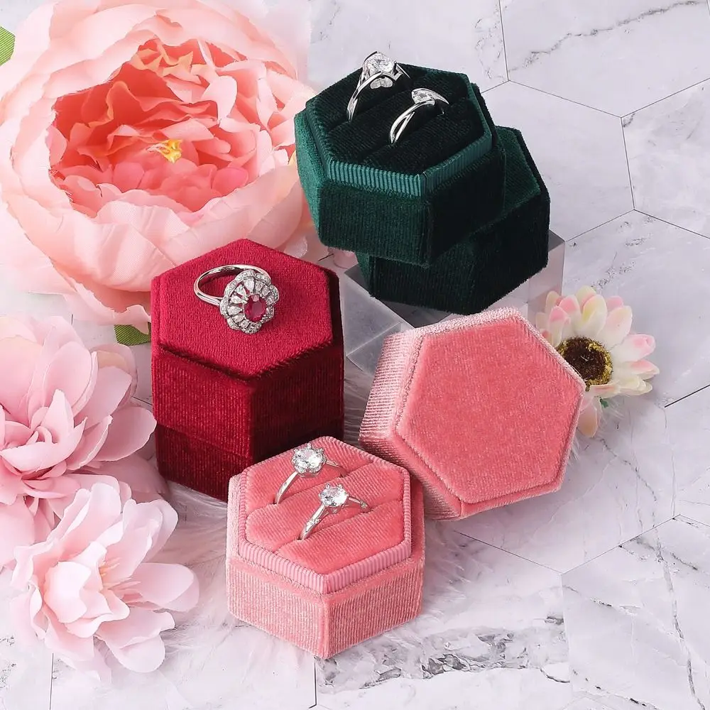 

Simple Two Slots Velvet Rings Holder Luxury Hexagon Rings Display Case Wedding Proposal Jewelry Organizer Wedding