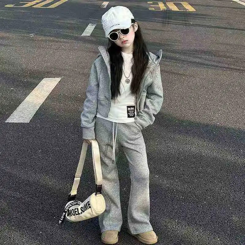 2026 Winter autumn Teenager Kids Girl Children Set Clothes Crop Top Hooded + Black Straight Pants 4 6 7 8 9 10 11 12 14 15 Year