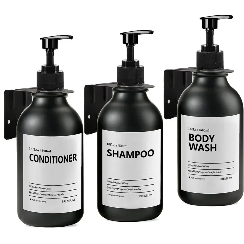 Mattschwarzes 500-ml-Seifenspender-Set zur Wandmontage, Shampoo-Duschgel, nachfüllbare leere Flasche mit Etikettenschale, Badezimmerzubehör