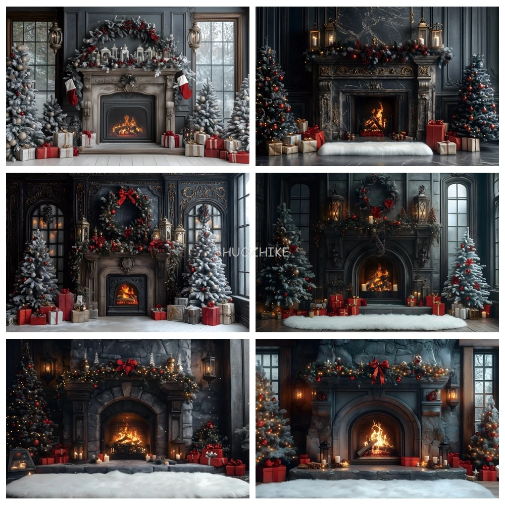 

Vintage Christmas Fireplace Theme Backdrop Xmas Tree Gift Garlands Lantern Family Party Kids Portrait Photography Background