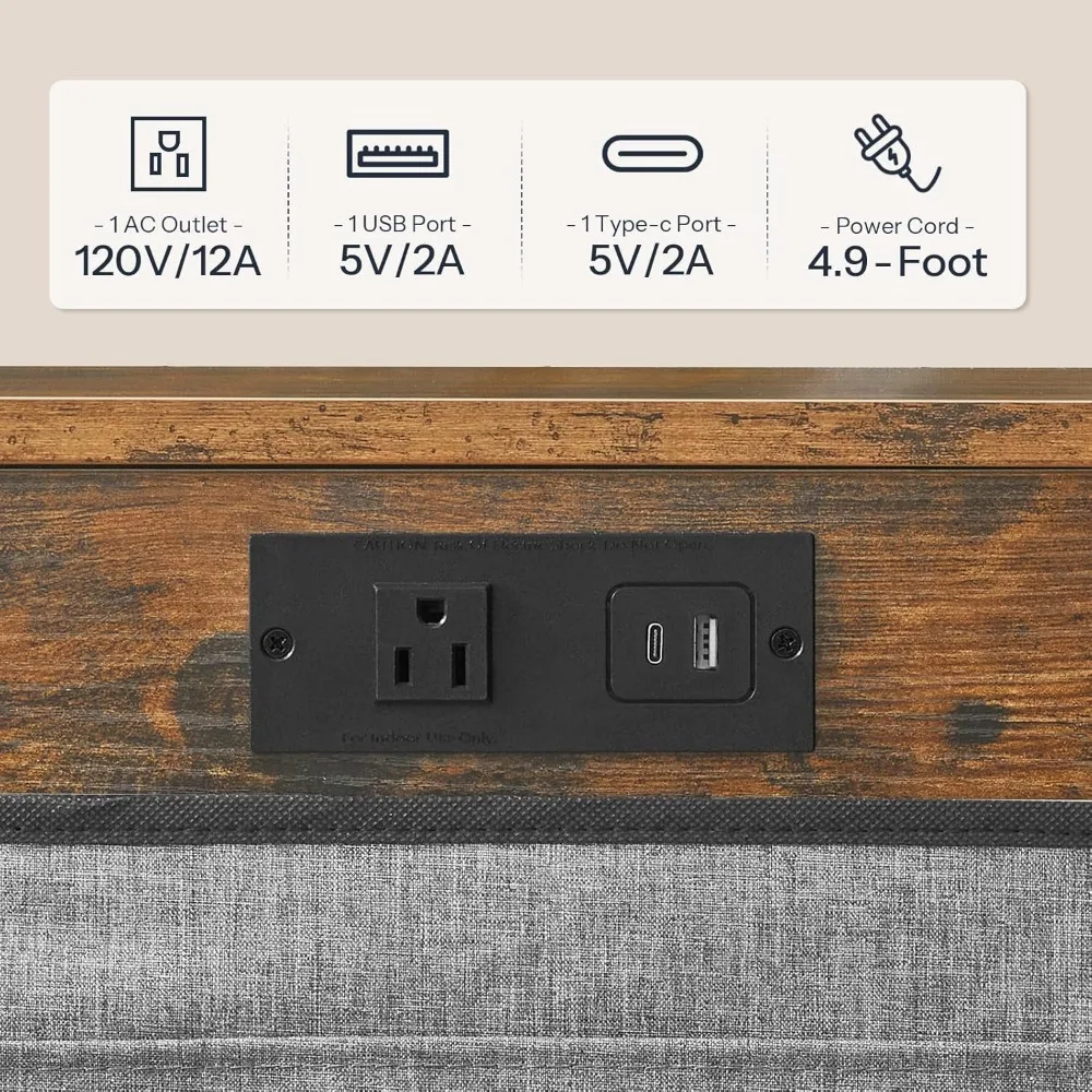 C-Shaped End Table with Charging Station, 28" H Sofa Side Table with Storage Bag for Living Room, Rustic Brown