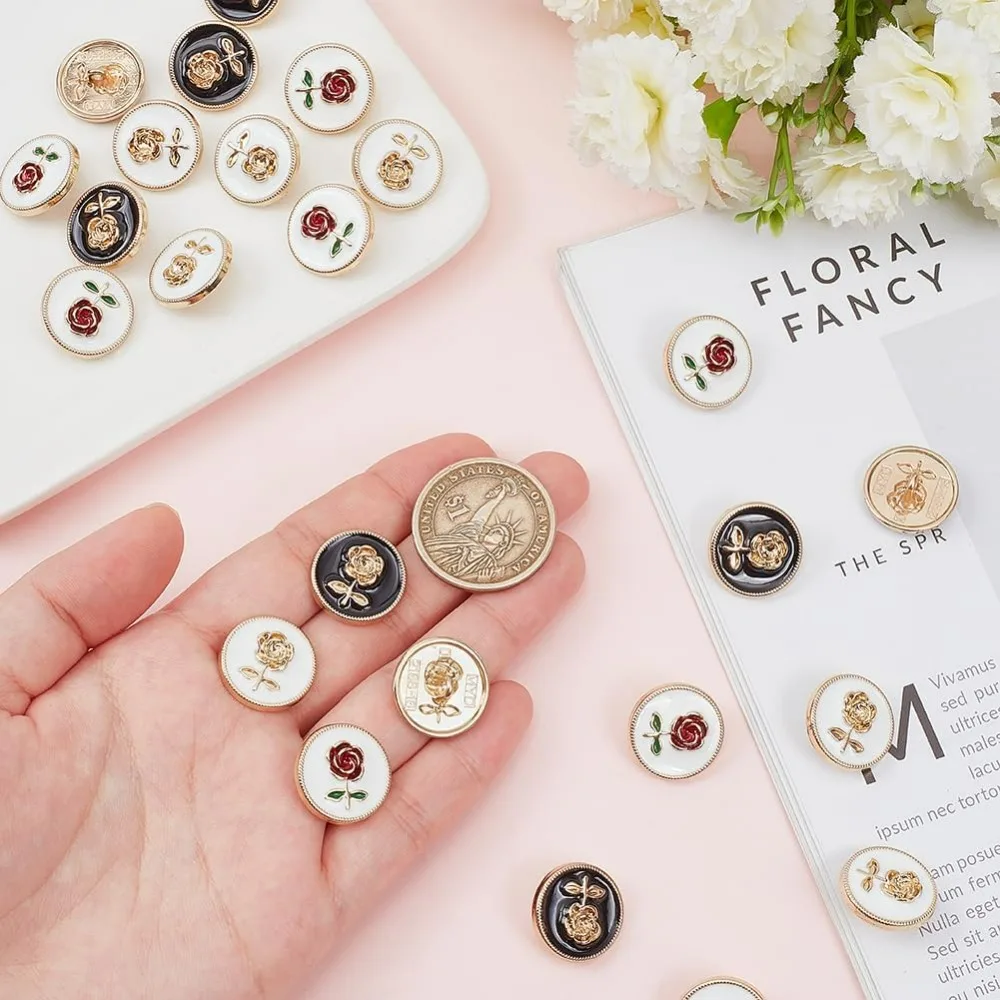 24개 빈티지 장미 단추, 3가지 스타일의 에나멜 꽃 단추 둥근 샹크 단추 의류 재봉용 코트 정장 유니폼 블레이저용