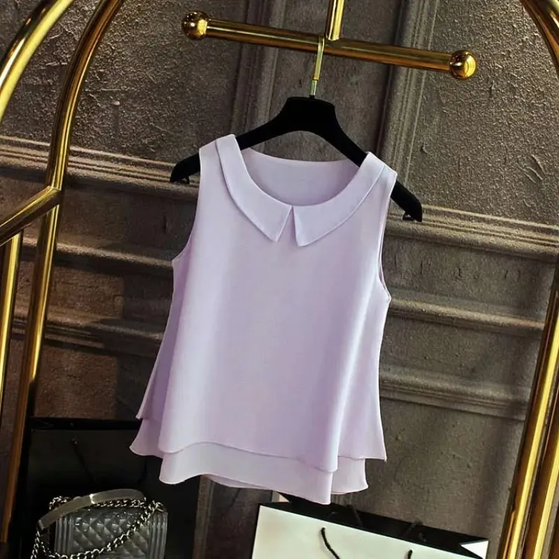 L-5XL صيف جديد بلوزة شيفون كبيرة الحجم أو بلوزات وبلوزات نسائية طبقة مزدوجة طوق بلا أكمام فام Blusas Femininas MOYISU