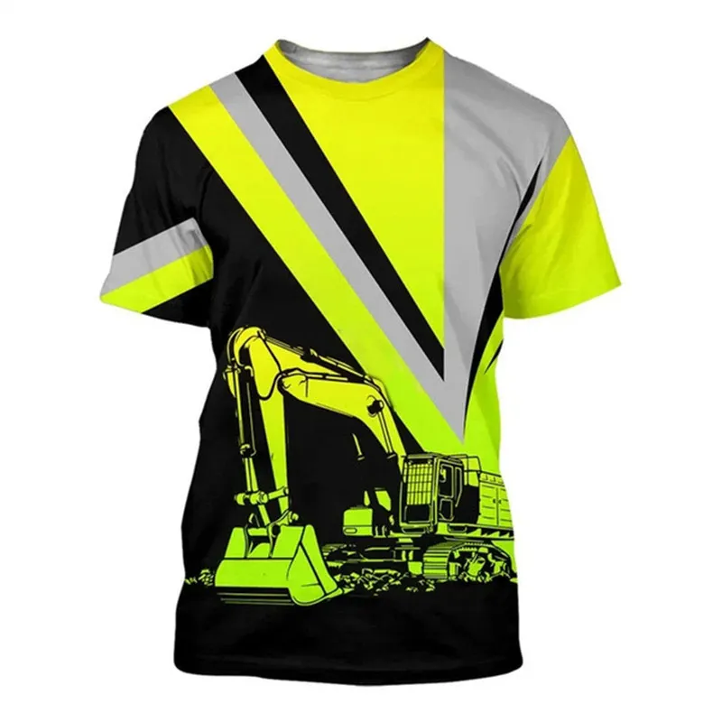 Excavator Engineering Car 3d Printing Summer Men'S Short Sleeve Fashion Outdoor Leisure Quick Drying Loose O Collar Work Clothes