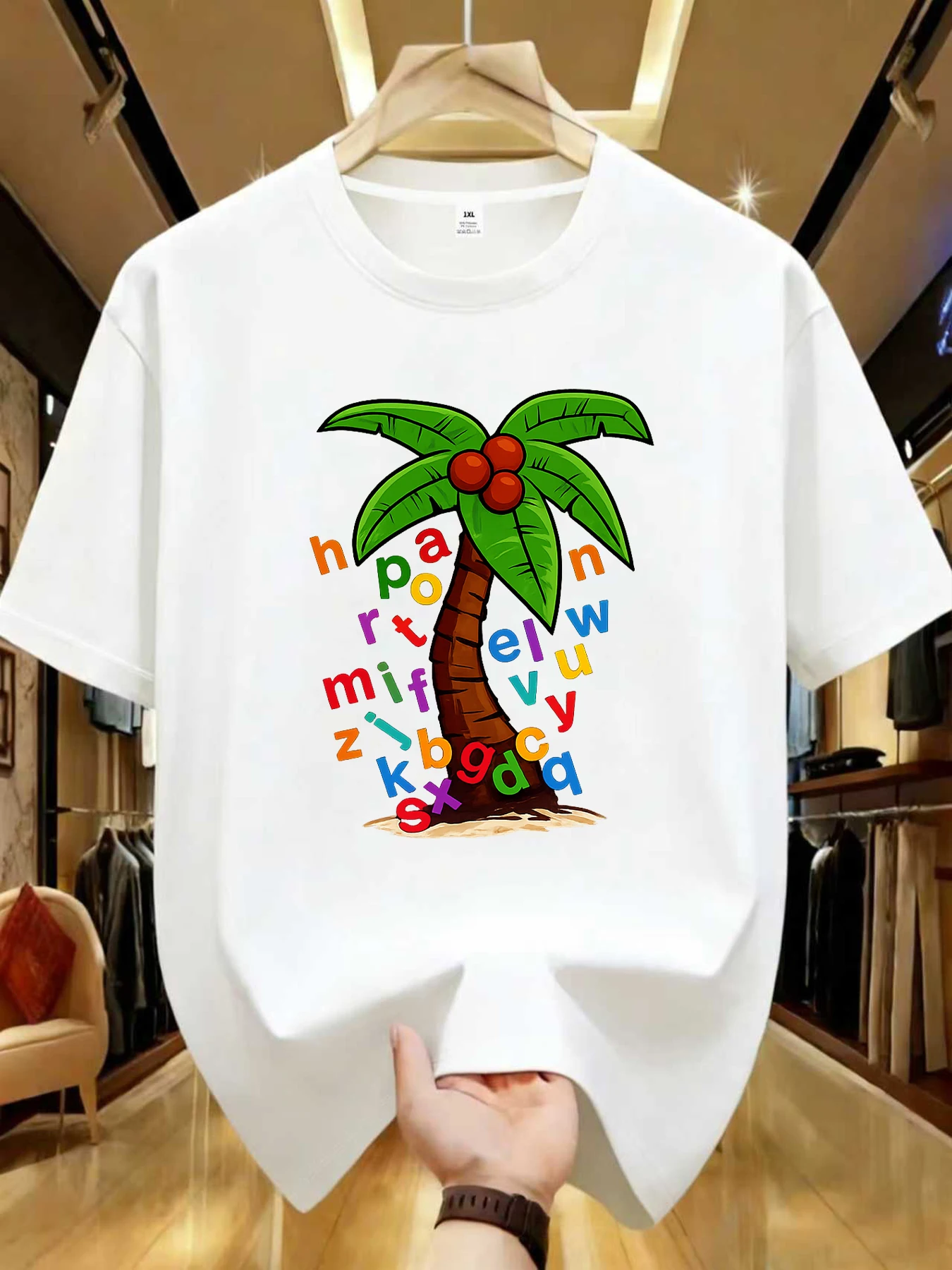 

【WZM1021198】Женская футболка больших размеров с принтом кокосовой пальмы, с круглым вырезом, летняя, повседневная, с короткими рукавами, в уличном стиле, универсальная.