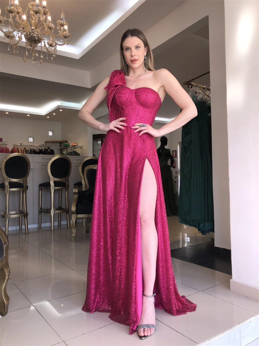 Sansa Gliiter One Shoulder Prom Dress Shiny Side High Split Vestidos De Noche Sexy Floor Lenght Maxi فساتين سهره فاخره 2023