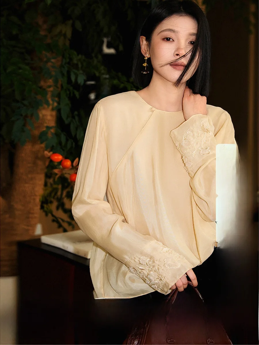 

Chinese Sle Long Sve round Ne irt Copper Ammonia Fiber Women's Faion Breathable Comfortable Skin-Friendly irt