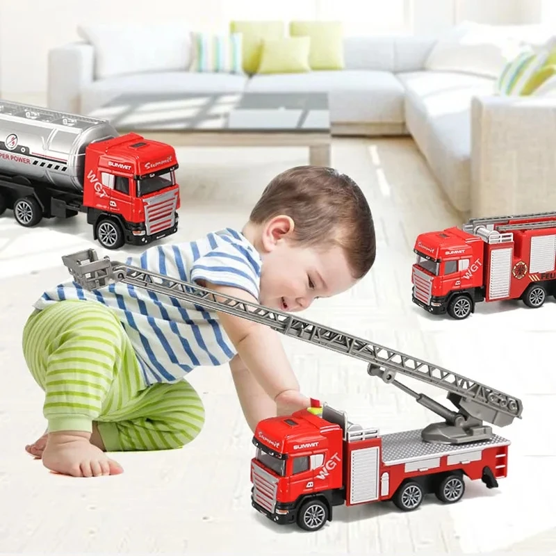 نموذج شاحنة سلم النار ، مدفع المياه ، مركبة السحب الخلفي ، القصور الذاتي ، سيارة معدنية ، البناء ، شاحنات إطفاء المدينة ، الرشاشات ، 1:64