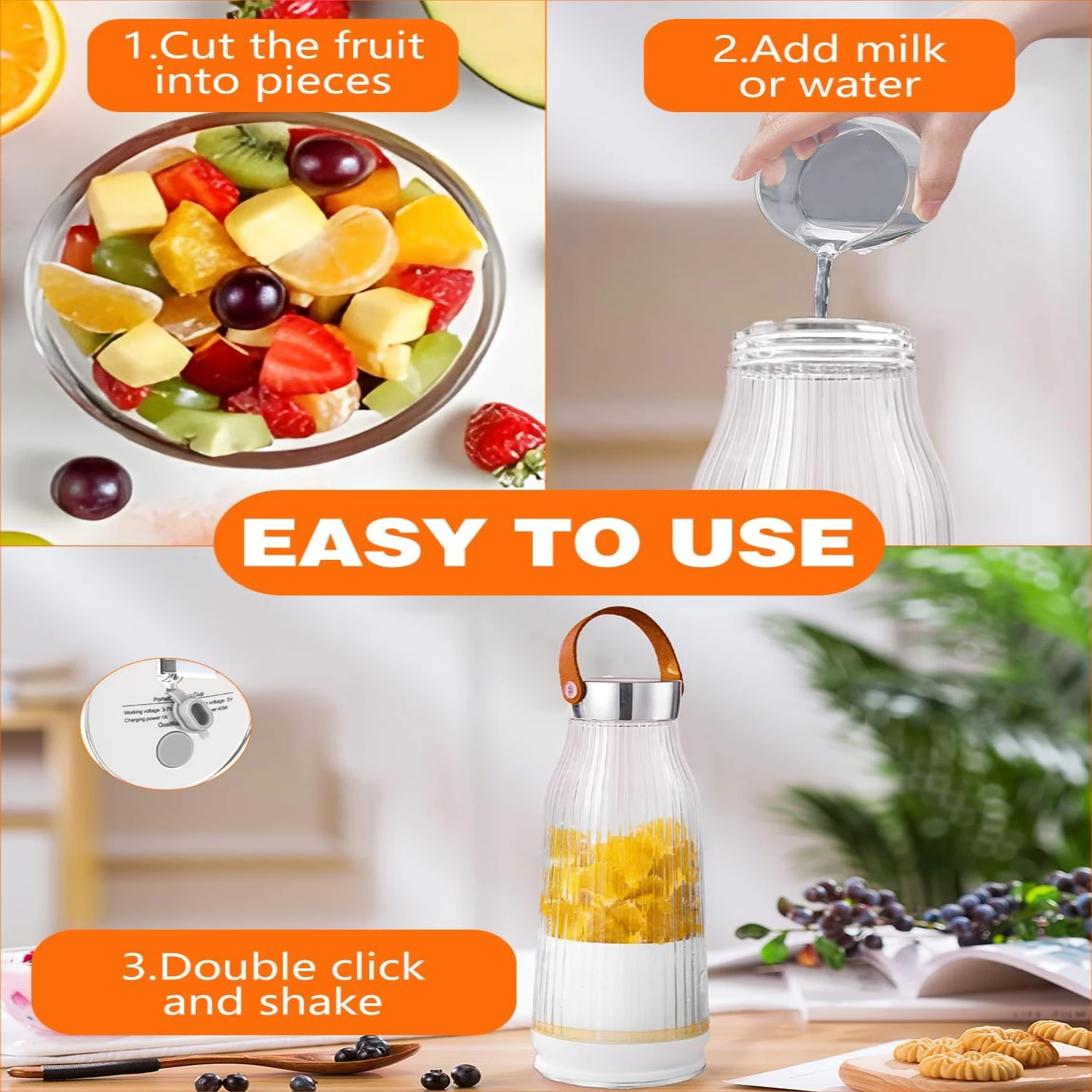 Portable Blender USB Rechargeable, Personal Blender for Shakes and Smoothies, 380 ML Juicer Cup with 6 Blades, Portable Juicer B