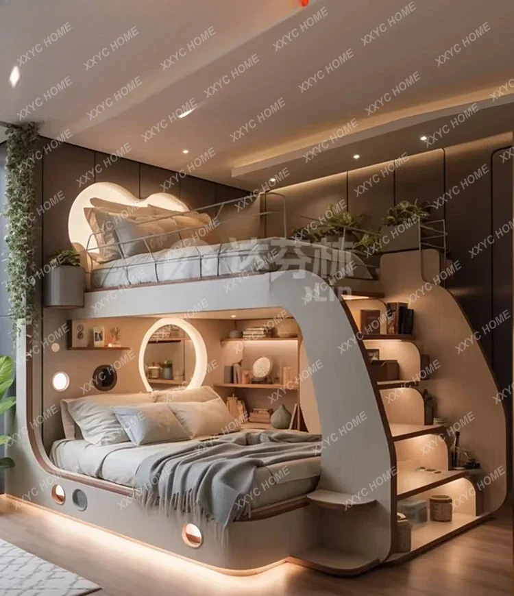 Mobili personalizzabili Casa sull'albero Letto a castello in legno massello con striscia luminosa regolabile in altezza a doppio strato