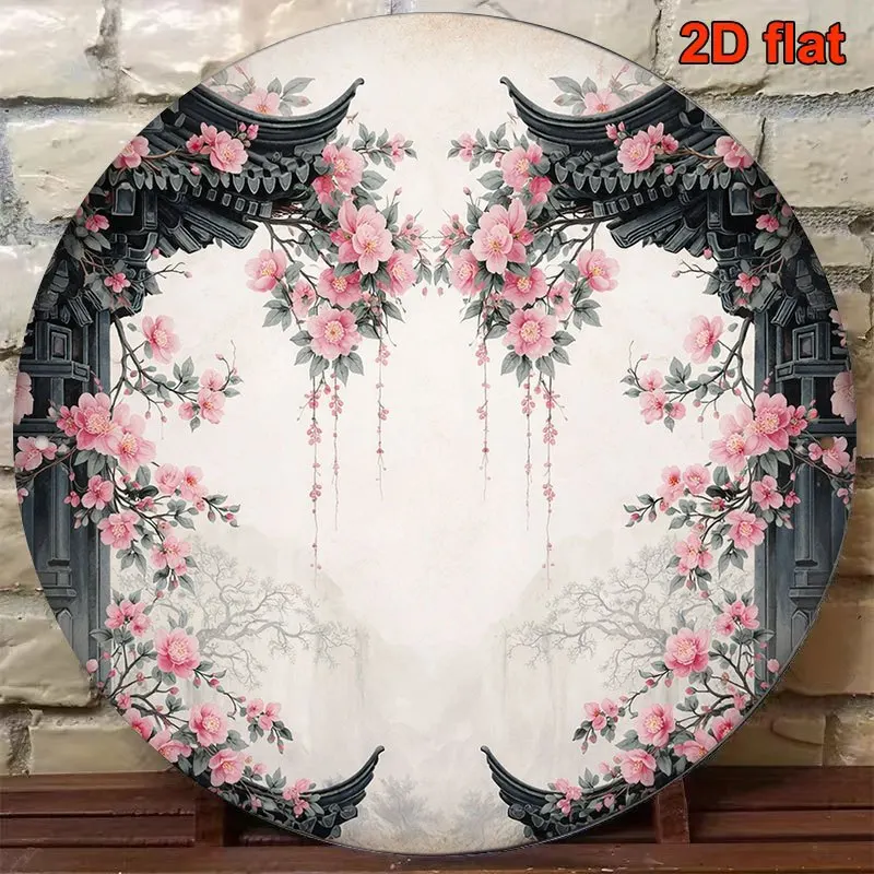 2D Flat - 1pc 8*8In/20X20Cm 2D Flat Round Sign, Vintage Plaque about Cherry Blossoms, Japanese Garden Decorative Sign, Suitable