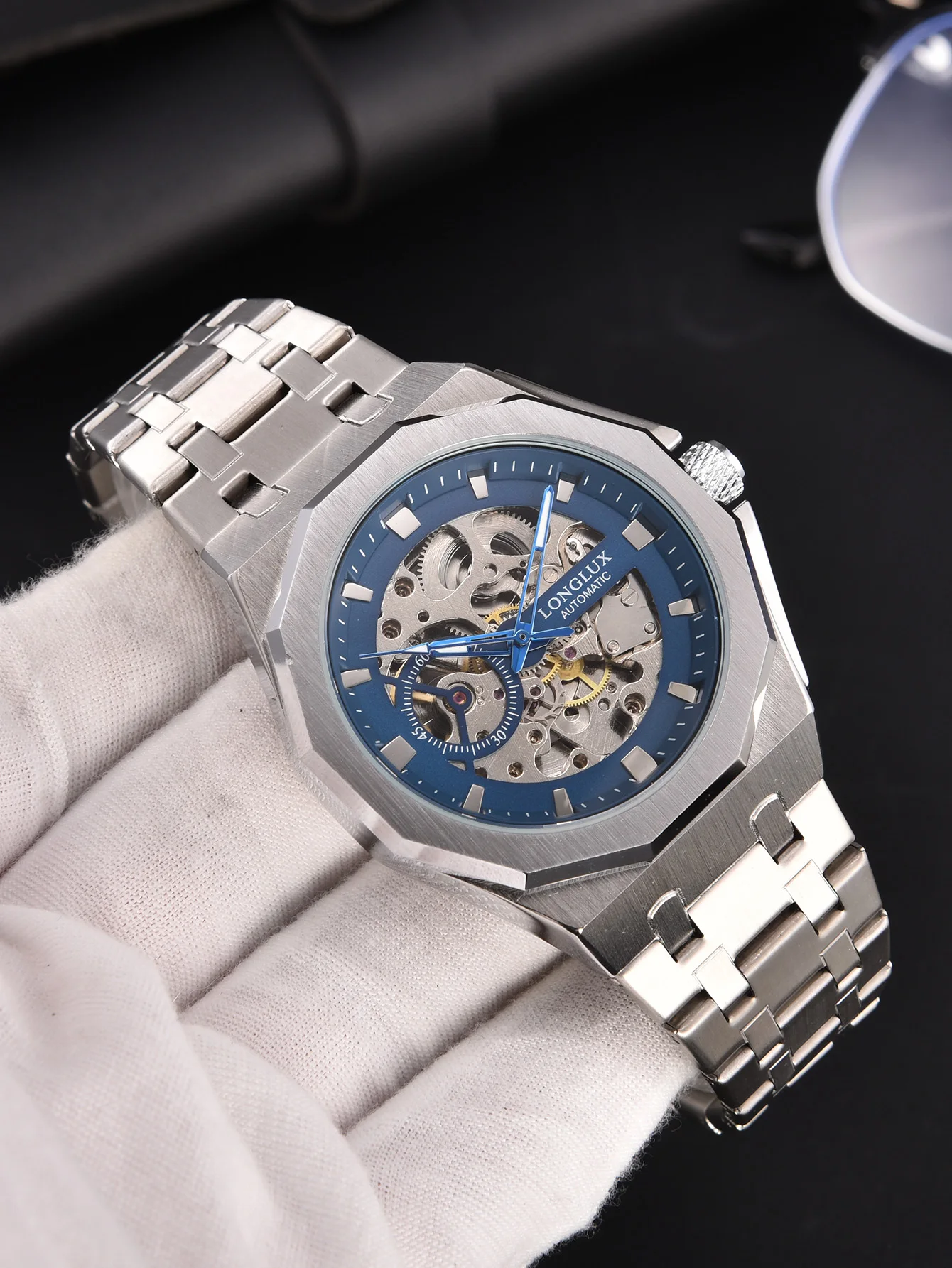 Reloj Automático LONGLUX para hombre, relojes mecánicos de lujo, esqueleto resistente al agua, moda de negocios, venta al por mayor, reloj de regalo de acero inoxidable
