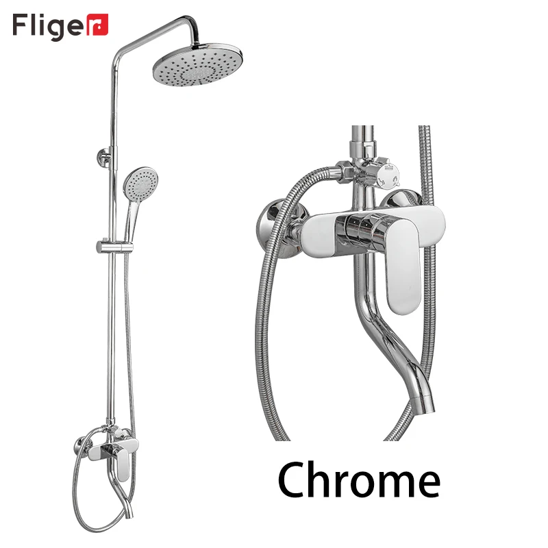 Fliger Chrome Shower Faucet Brass Rainfall Shower Set Hot Cold Water Shower Mixer Bathroom Faucet Waterfall Shower System