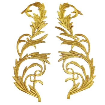 Patchs brodés dorés pour vêtements punk, appliques de fleurs à repasser, garnitures de bricolage, accessoire métallique brillant doré, 21.5cm, 1 paire