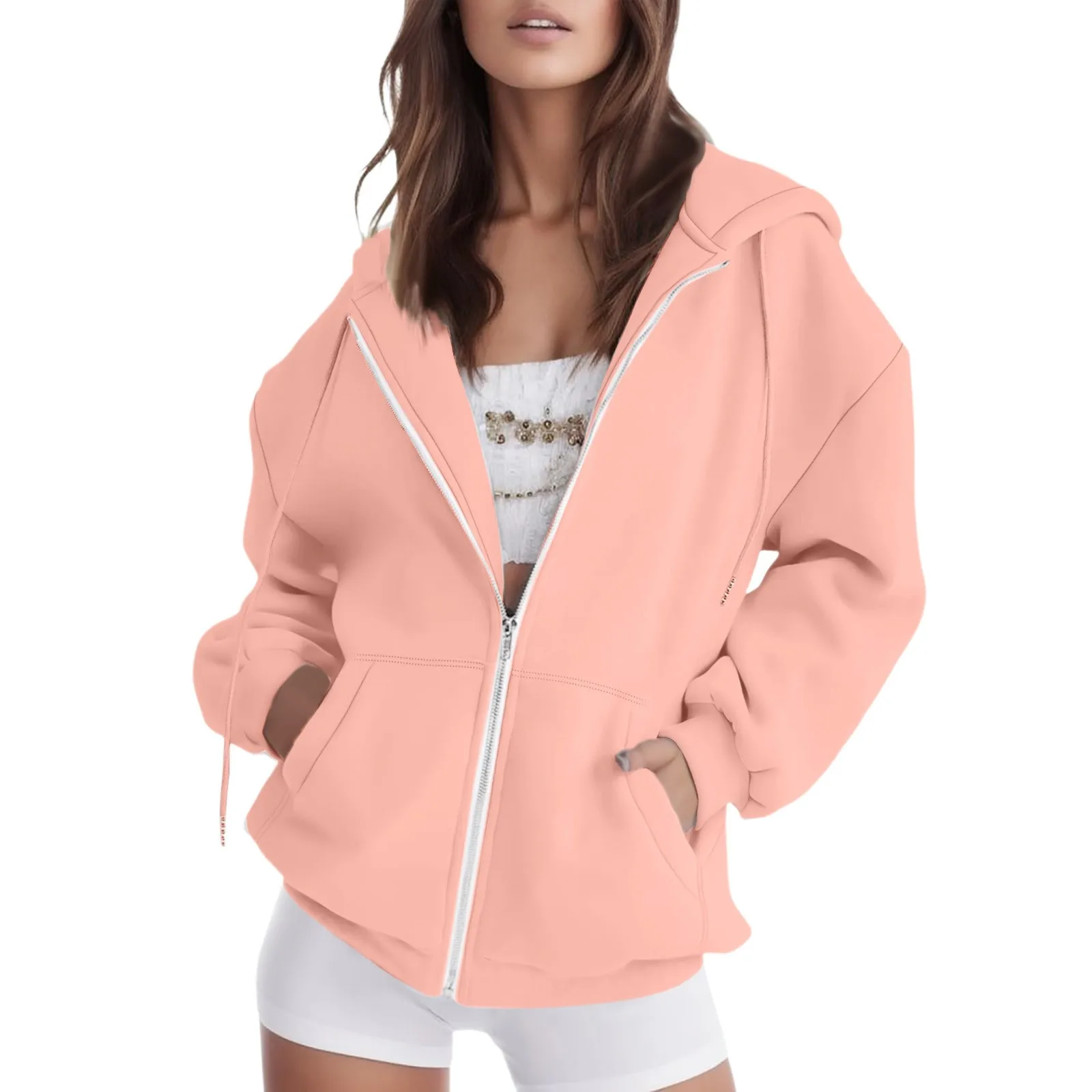 Sudadera con capucha de talla grande para mujer, abrigo informal de manga larga con cremallera, sudadera de punto con bolsillo, Tops de lana con cremallera, chaquetas de Color sólido