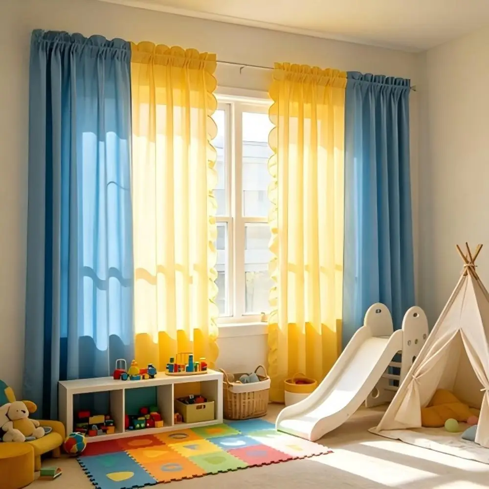 200069     Children's play area sky blue blackout curtain lemon yellow gauze curtain