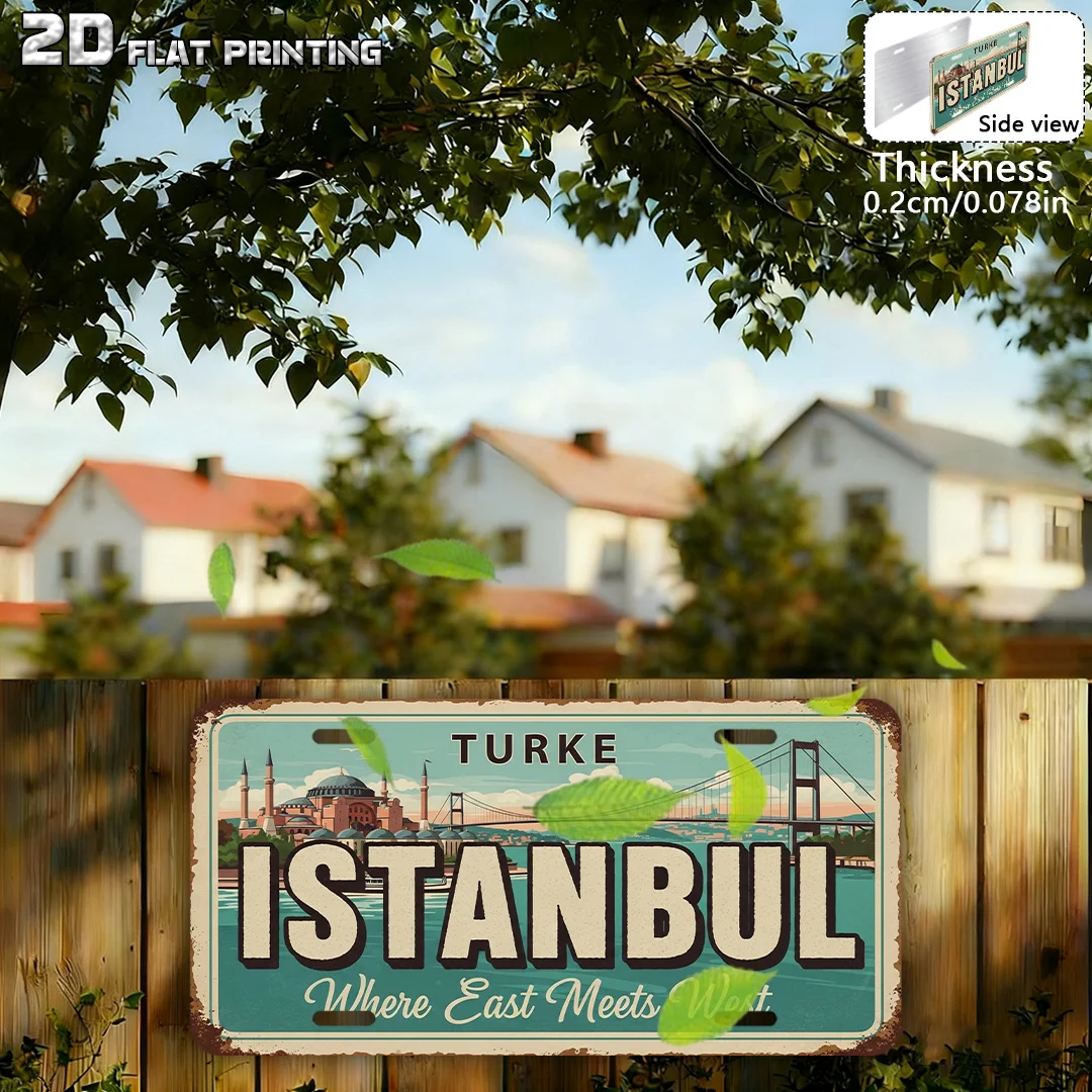 2D Flat Istanbul Turkey Vintage Metal License Plate Sign Retro City Landscape Wall Plaque Bar Home Decor