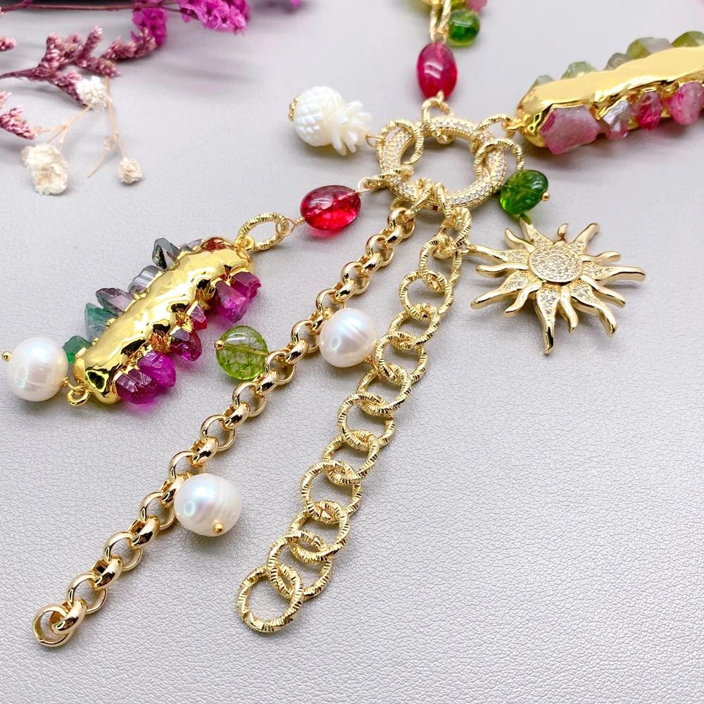 

Y·YING Rainbow Color Quartz Druzy White Sea Shell Pendant Y Necklace Bohemian For Women Girls