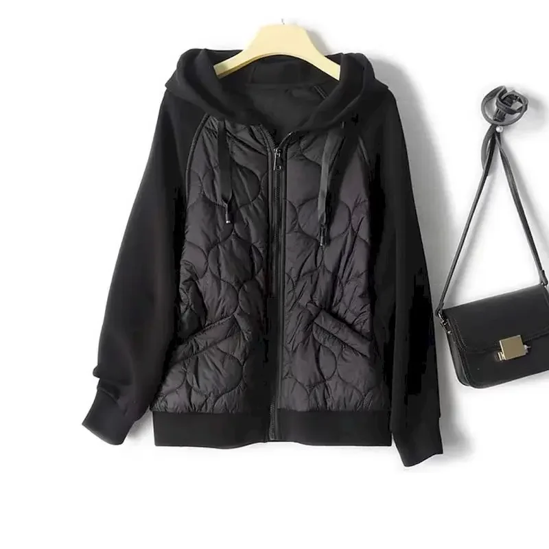 Winter Hooded Coats Women Fashion Design Patchwork Zip Up Thick Hoodies Coat Casual Loose Hooded Parkas Black Jacket Y2k Clothes