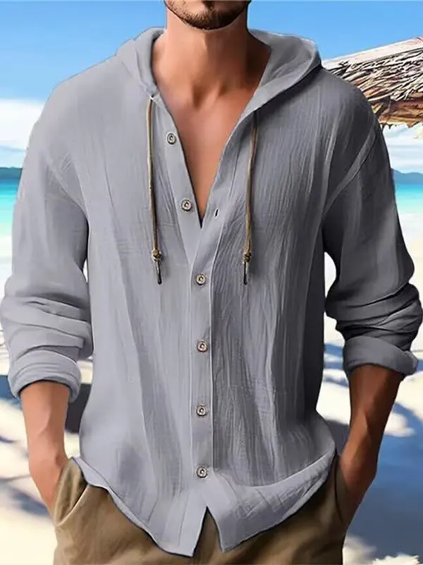 Men's Loose Fit Linen Shirt Cotton Linen Blend Hooded Sun Protection Top Breathable Casual Style Long Sleeve Pure Color