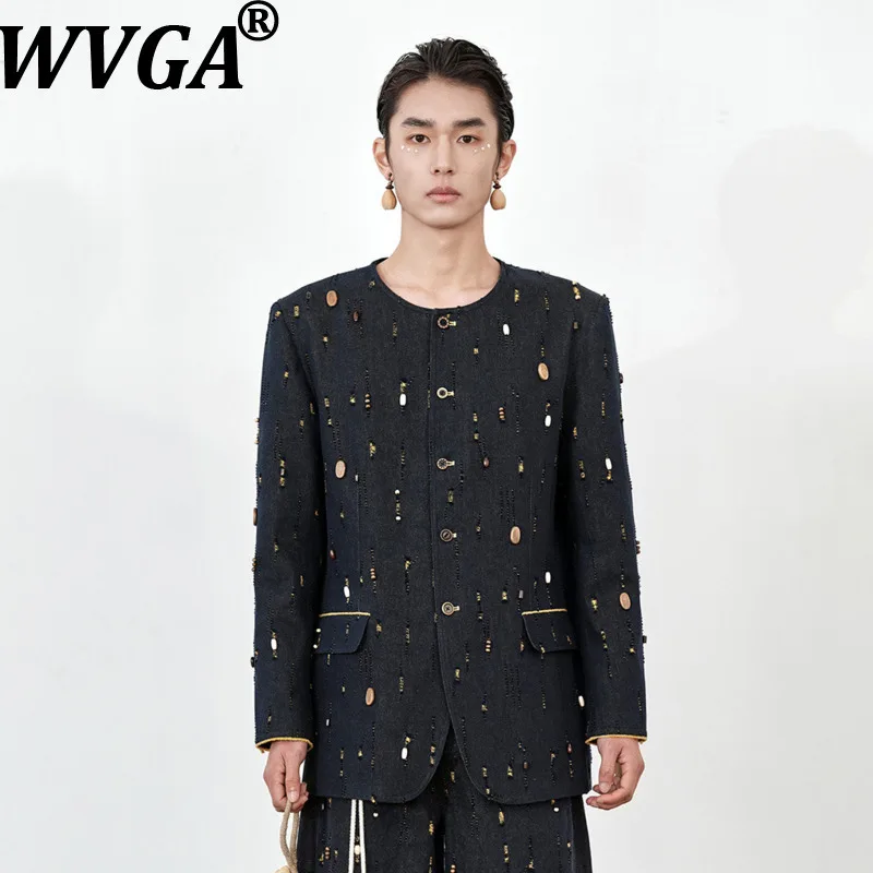 WVGA Spring Autumn New Men Tide Washed Distressed Handmade Wooden Beads Collarless Blazer Niche Chic Casual Coats Ins Y2K W19768