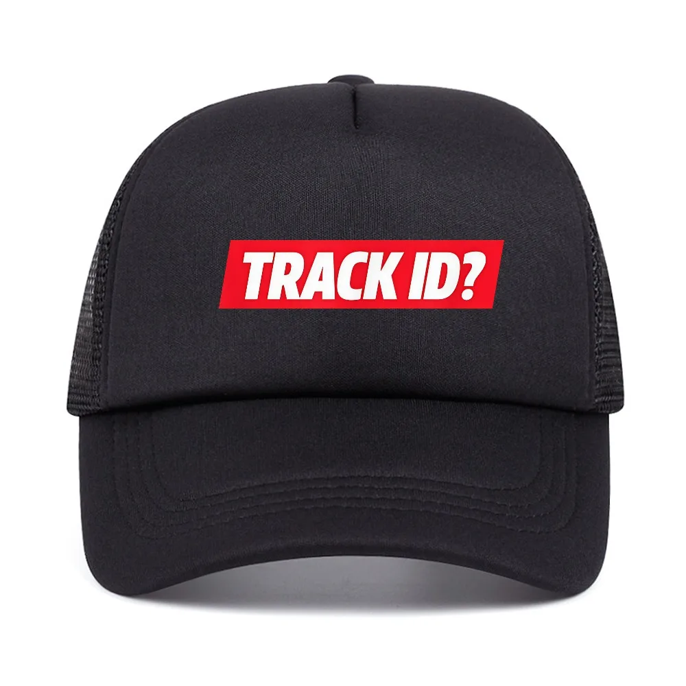 TRACK ID Techno EDM Rave Party baseball cap Black Red Text Concerts Music Festivals mesh hat adjustable Breathable sun hats