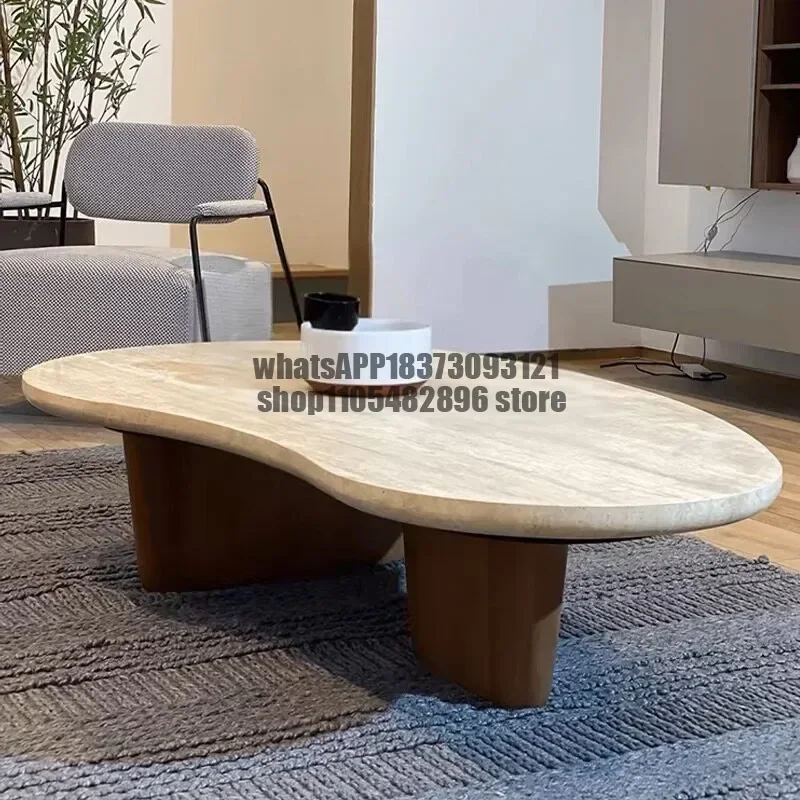 Wabi-sabi style solid wood natural travertine coffee table for living room and home use with modern minimalism and vintage style