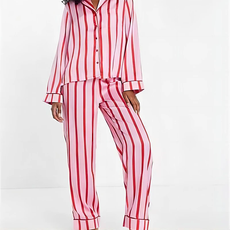 Ling Pink Striped Summer New In Women\'s Sleepwear Pijama Loose Casual 2 Pcs long Sleeve& Pants Sets Loungewear Home Clothe Sets