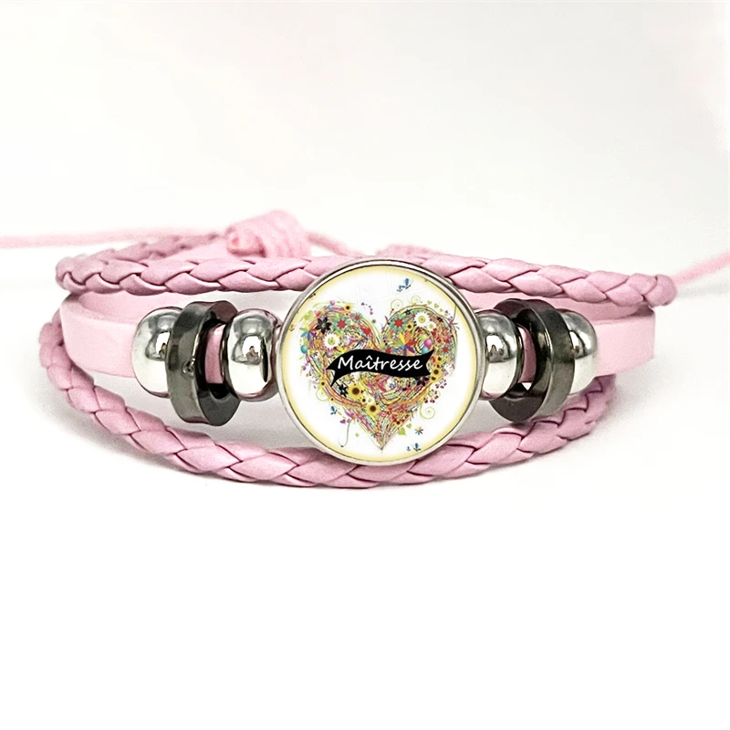 Heiße Mode Lehrer Geschenk Super Herrin rosa Leder Armbänder Glaskuppel Cabochon Charme dank Herrin handgemachte Schmuck Geschenke